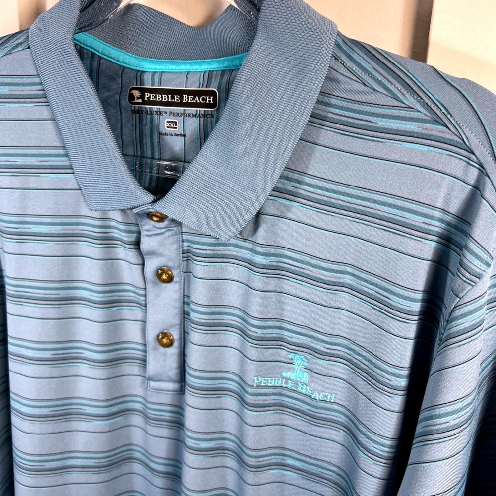 Pebble Beach Dry-Luxe Performance Blue Striped Golf Polo Shirt Mens XXL‎